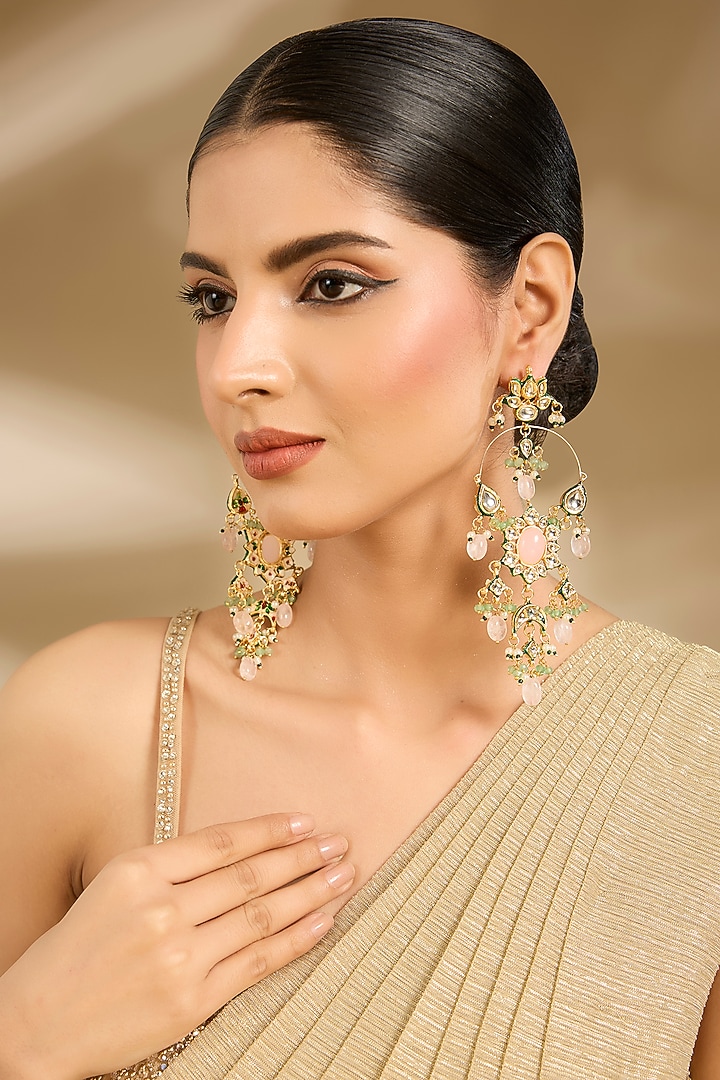 Gold Finish Kundan Polki & Patel Pink Chandelier Earrings by Vivinia By Vidhi Mehra at Pernia's Pop Up Shop