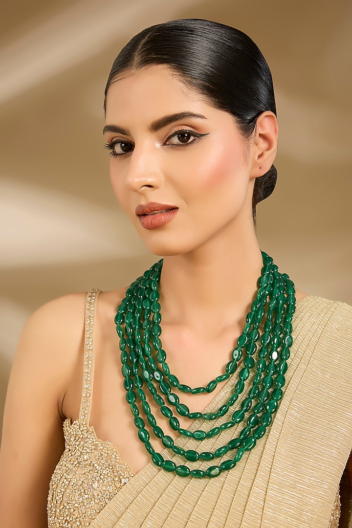 Emerald Green Beaded Handcrafted Layered Mala by Vivinia By Vidhi Mehra at Pernia's Pop Up Shop