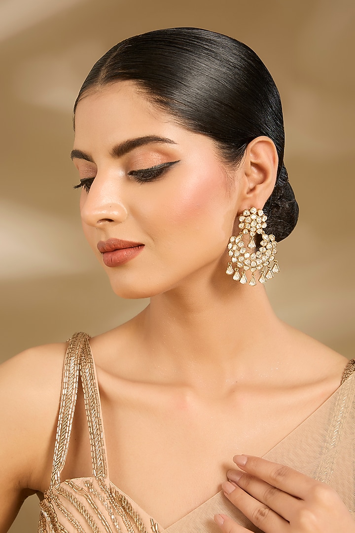 Gold Finish Pearl & Stone Chandelier Earrings by Vivinia By Vidhi Mehra at Pernia's Pop Up Shop