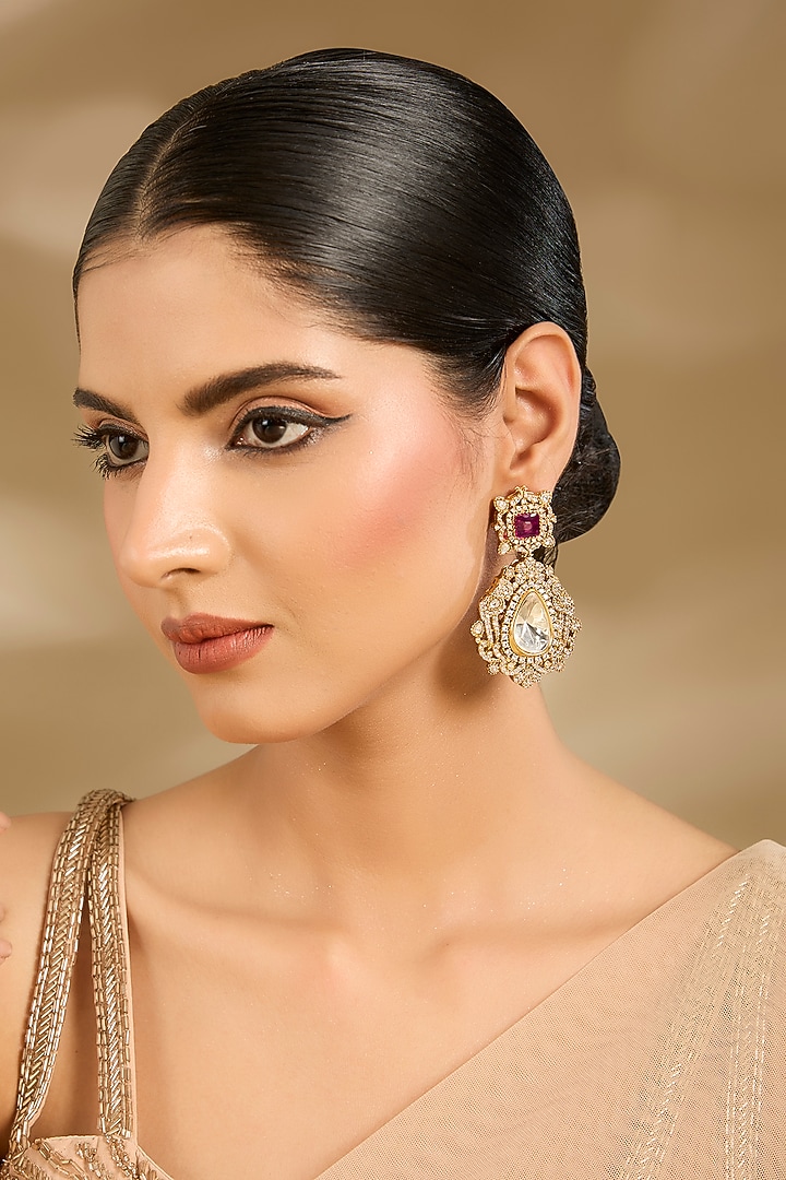 Gold Finish Ruby & Teardrop Stone Dangler Earrings by Vivinia By Vidhi Mehra at Pernia's Pop Up Shop