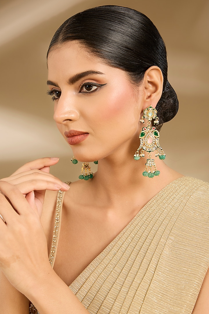 Gold Finish Kundan Polki & Green Beaded Chandelier Earrings by Vivinia By Vidhi Mehra at Pernia's Pop Up Shop