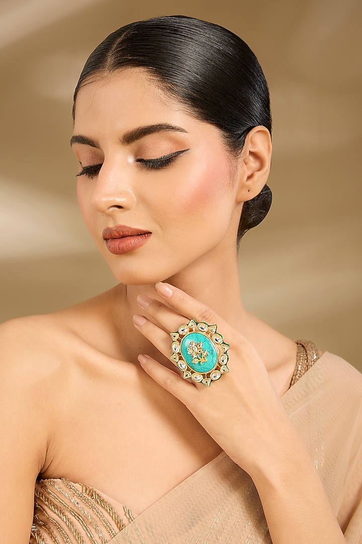Gold Finish Kundan Polki & Turquoise Stone Ring by Vivinia By Vidhi Mehra at Pernia's Pop Up Shop