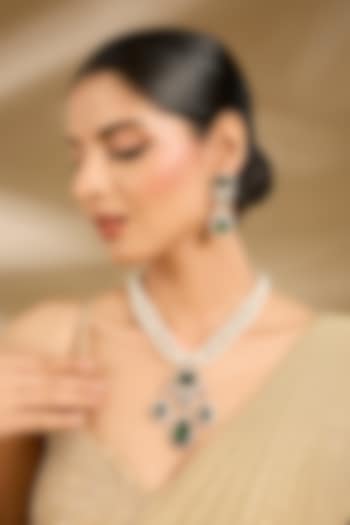 White Finish Pearl & Green Stone Long Necklace Set by Vivinia By Vidhi Mehra at Pernia's Pop Up Shop