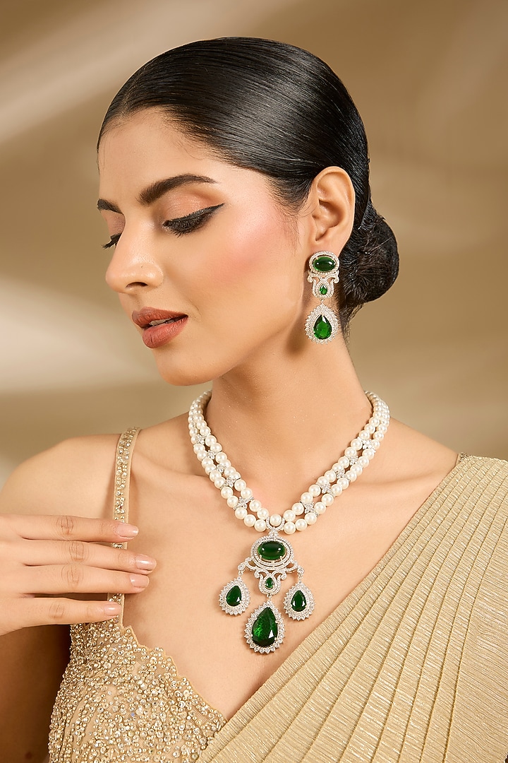 White Finish Pearl & Green Stone Long Necklace Set by Vivinia By Vidhi Mehra at Pernia's Pop Up Shop