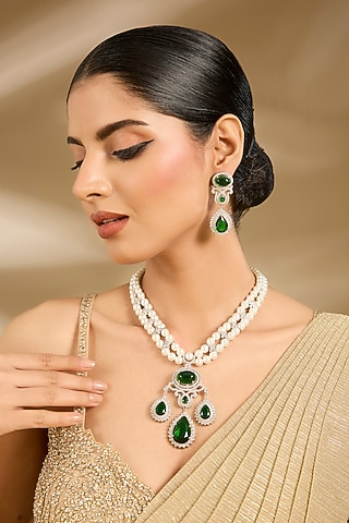 White Finish Pearl & Green Stone Long Necklace Set by Vivinia By Vidhi Mehra