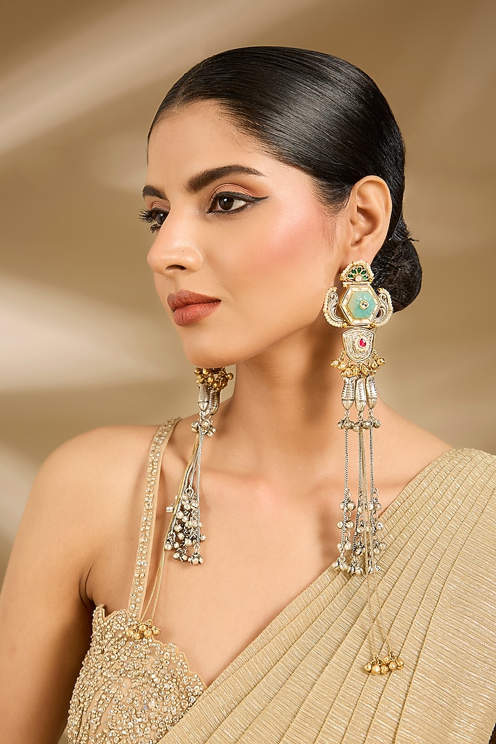 Gold Finish Green Stone & Tassel Chain Enameled Dangler Earrings by Vivinia By Vidhi Mehra at Pernia's Pop Up Shop