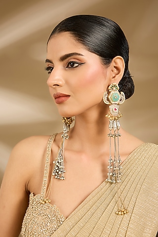 Gold Finish Green Stone & Tassel Chain Enameled Dangler Earrings by Vivinia By Vidhi Mehra