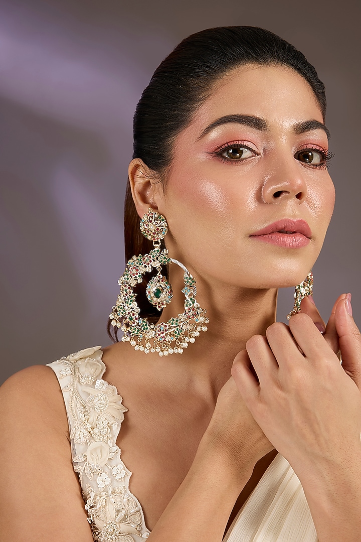 Gold Finish Multi-Colored Stone & Pearl Drop Chandbali Earrings by Vivinia By Vidhi Mehra at Pernia's Pop Up Shop