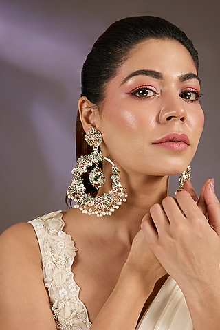 Gold Finish Multi-Colored Stone & Pearl Drop Chandbali Earrings by Vivinia By Vidhi Mehra