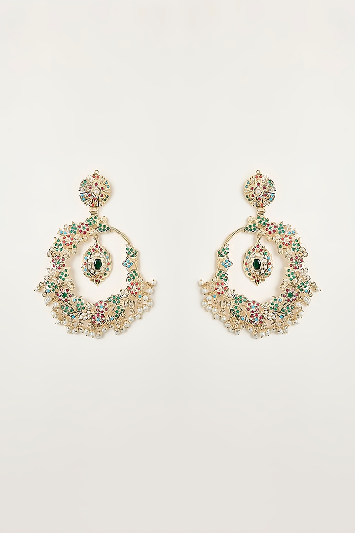 Gold Finish Multi-Colored Stone & Pearl Drop Chandbali Earrings by Vivinia By Vidhi Mehra at Pernia's Pop Up Shop