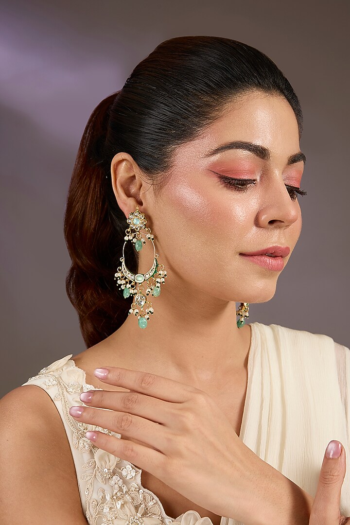 Gold Finish Kundan Polki & Pearl Drop Chandbali Earrings by Vivinia By Vidhi Mehra at Pernia's Pop Up Shop