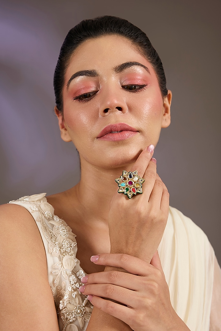 Gold Finish Kundan Polki & Multi-Colored Stone Floral Ring by Vivinia By Vidhi Mehra at Pernia's Pop Up Shop