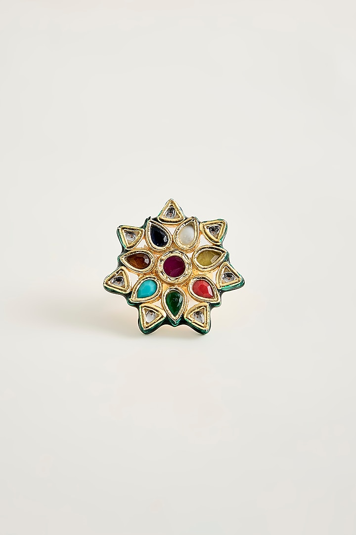 Gold Finish Kundan Polki & Multi-Colored Stone Floral Ring by Vivinia By Vidhi Mehra at Pernia's Pop Up Shop