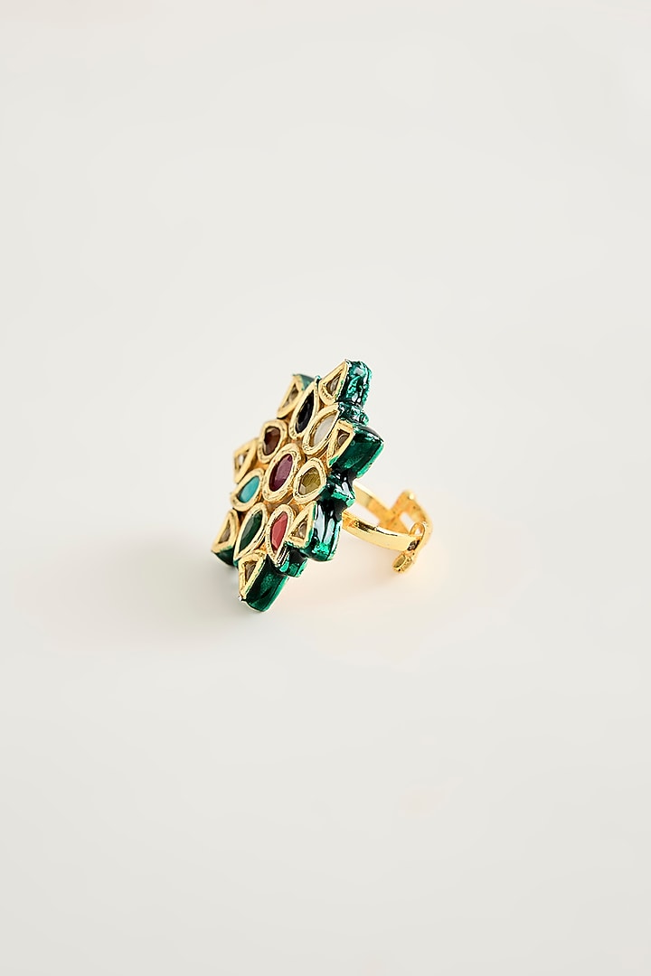 Gold Finish Kundan Polki & Multi-Colored Stone Floral Ring by Vivinia By Vidhi Mehra at Pernia's Pop Up Shop
