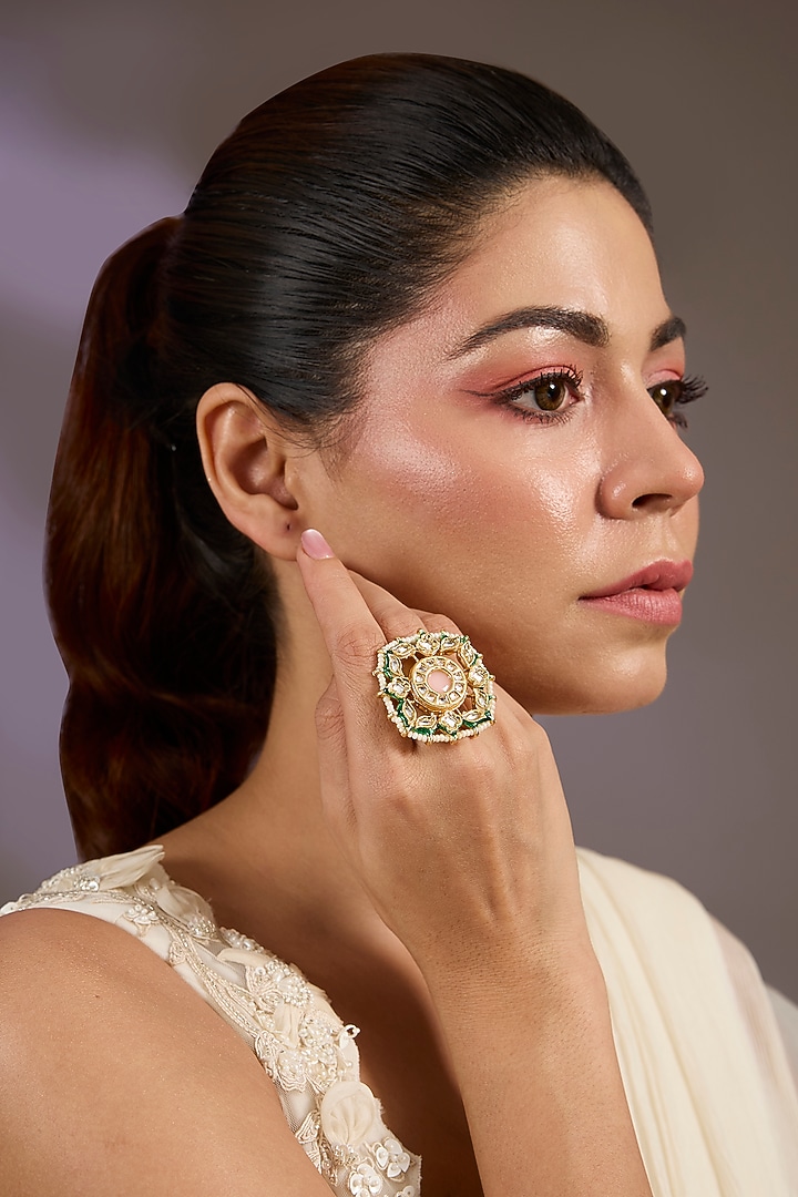 Gold Finish Kundan Polki & Pearl Ring by Vivinia By Vidhi Mehra at Pernia's Pop Up Shop