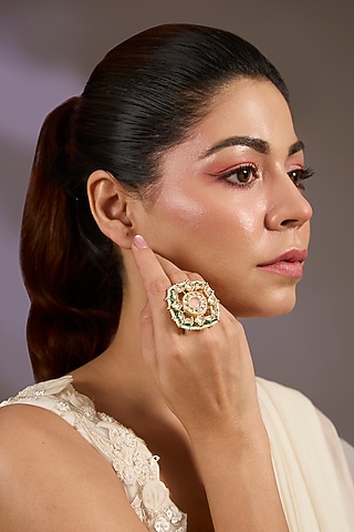 Gold Finish Kundan Polki & Pearl Ring by Vivinia By Vidhi Mehra