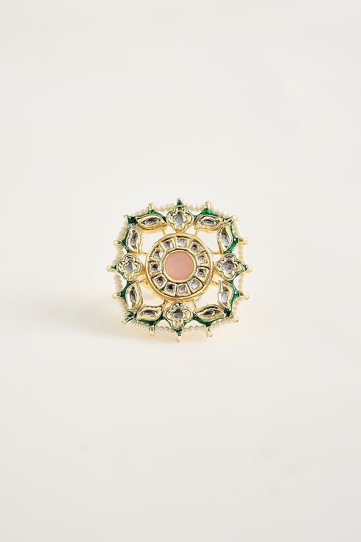 Gold Finish Kundan Polki & Pearl Ring by Vivinia By Vidhi Mehra at Pernia's Pop Up Shop