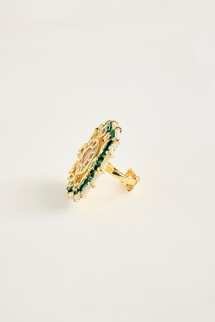 Gold Finish Kundan Polki & Pearl Ring by Vivinia By Vidhi Mehra at Pernia's Pop Up Shop