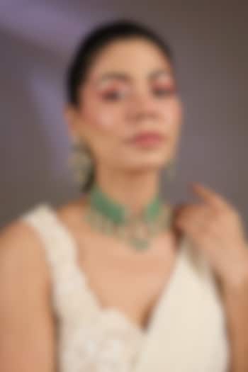 Gold Finish Green Beaded & Pearl Floral Choker Necklace Set by Vivinia By Vidhi Mehra at Pernia's Pop Up Shop
