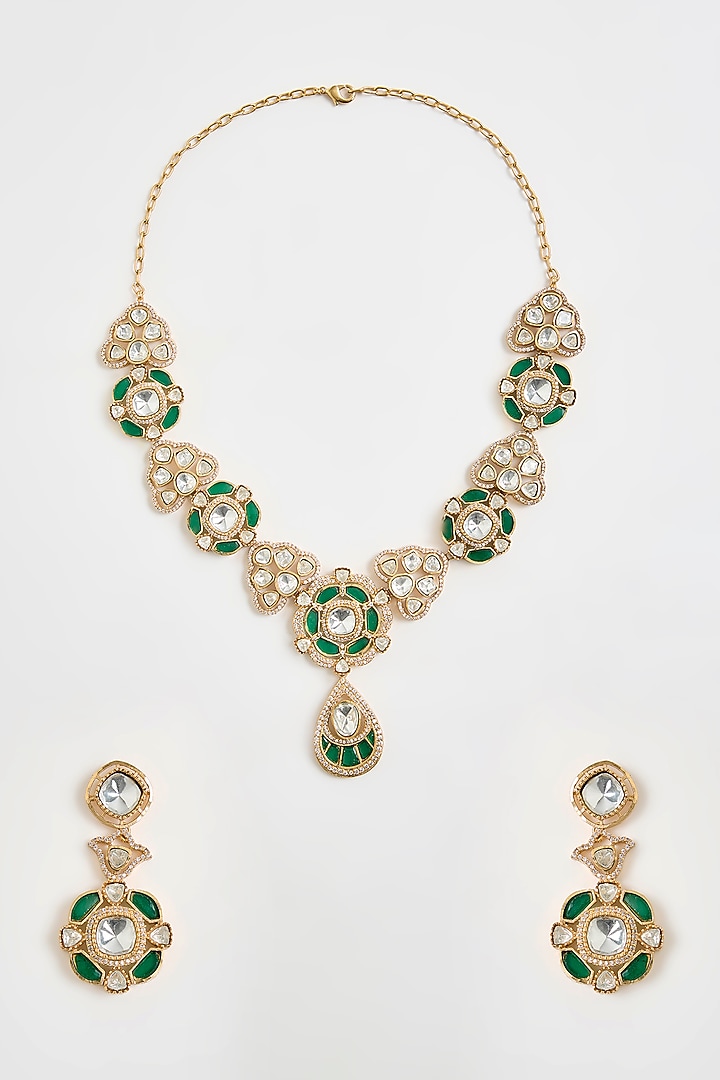 Gold Finish Kundan Polki & Floral Motif Necklace Set by Vivinia By Vidhi Mehra at Pernia's Pop Up Shop