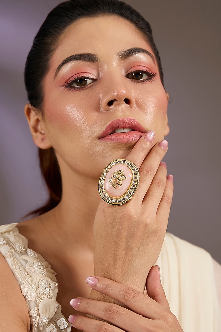 Gold Finish Kundan Polki & Pink Stone Oversized Ring by Vivinia By Vidhi Mehra at Pernia's Pop Up Shop