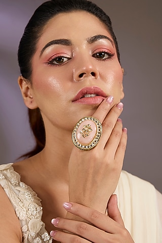 Gold Finish Kundan Polki & Pink Stone Oversized Ring by Vivinia By Vidhi Mehra