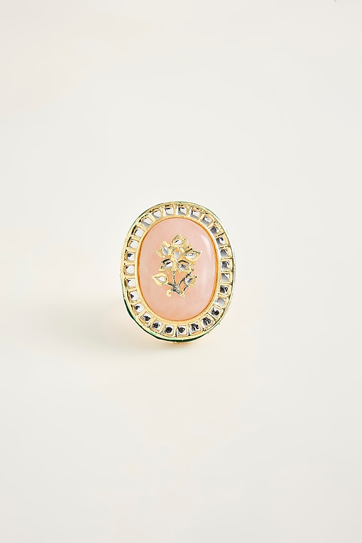 Gold Finish Kundan Polki & Pink Stone Oversized Ring by Vivinia By Vidhi Mehra at Pernia's Pop Up Shop