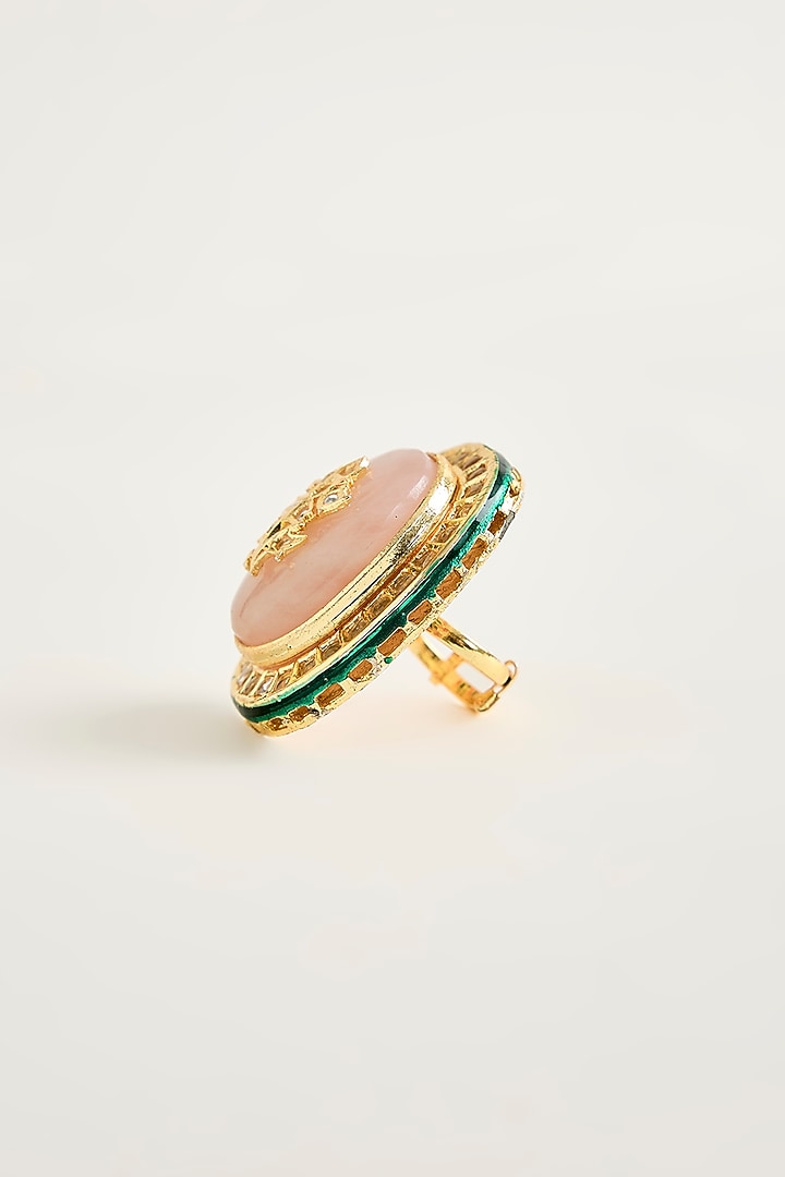 Gold Finish Kundan Polki & Pink Stone Oversized Ring by Vivinia By Vidhi Mehra at Pernia's Pop Up Shop