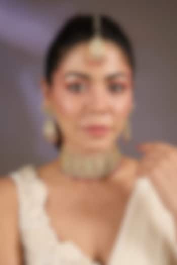 Gold Finish Kundan Polki & Pearl Choker Necklace Set by Vivinia By Vidhi Mehra at Pernia's Pop Up Shop