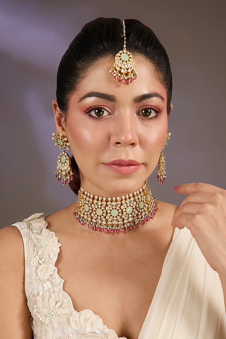 Gold Finish Kundan Polki & Pearl Choker Necklace Set by Vivinia By Vidhi Mehra at Pernia's Pop Up Shop