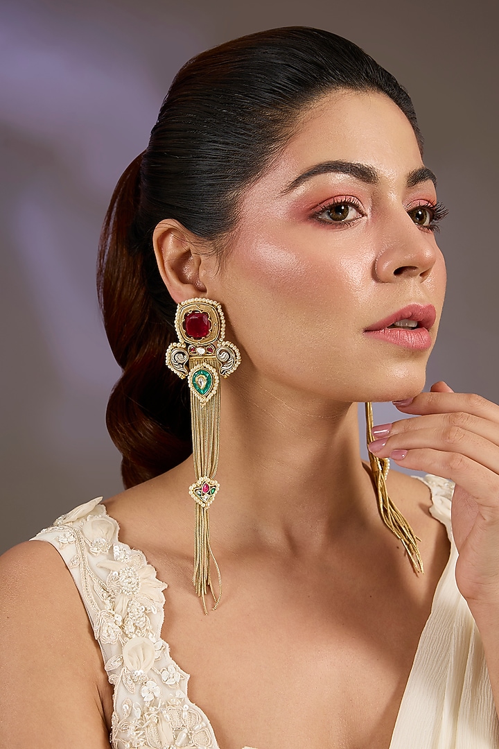 Gold Finish Multi-Colored Stone Dangler Earrings by Vivinia By Vidhi Mehra at Pernia's Pop Up Shop