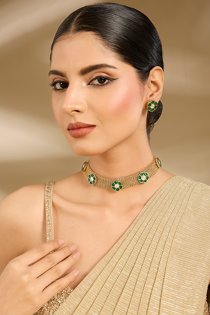 Gold Finish Kundan Polki & Green Stone Choker Necklace Set by Vivinia By Vidhi Mehra at Pernia's Pop Up Shop