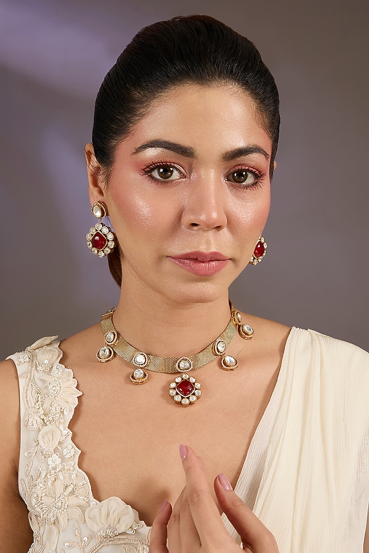Gold Finish Kundan Polki & Ruby Necklace Set by Vivinia By Vidhi Mehra at Pernia's Pop Up Shop