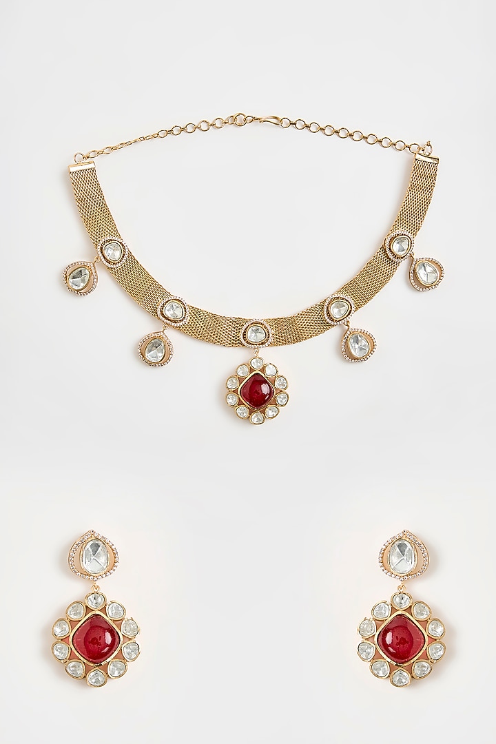 Gold Finish Kundan Polki & Ruby Necklace Set by Vivinia By Vidhi Mehra at Pernia's Pop Up Shop