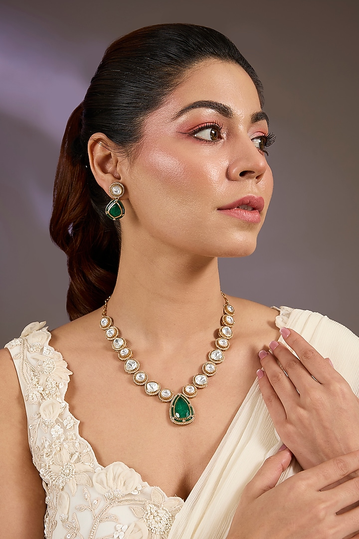 Gold Finish Kundan Polki & Green Teardrop Pendant Necklace Set by Vivinia By Vidhi Mehra at Pernia's Pop Up Shop
