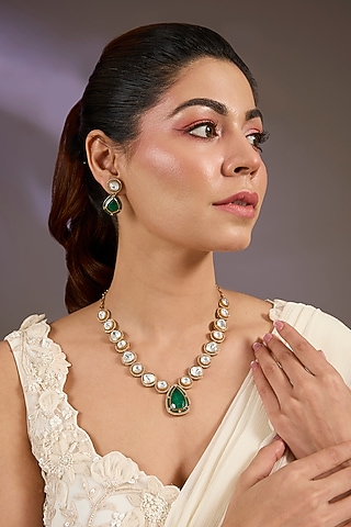 Gold Finish Kundan Polki & Green Teardrop Pendant Necklace Set by Vivinia By Vidhi Mehra