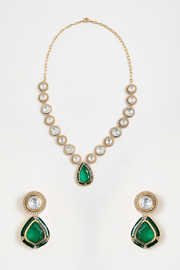 Gold Finish Kundan Polki & Green Teardrop Pendant Necklace Set by Vivinia By Vidhi Mehra at Pernia's Pop Up Shop