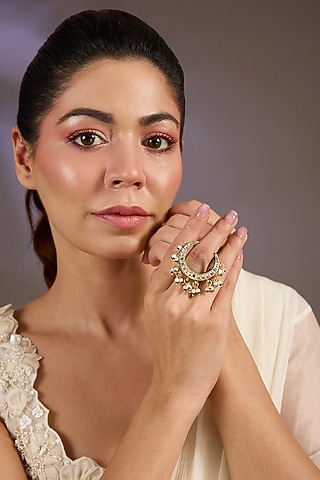 Gold Finish Kundan Polki & Pink Stone Crescent Ring by Vivinia By Vidhi Mehra
