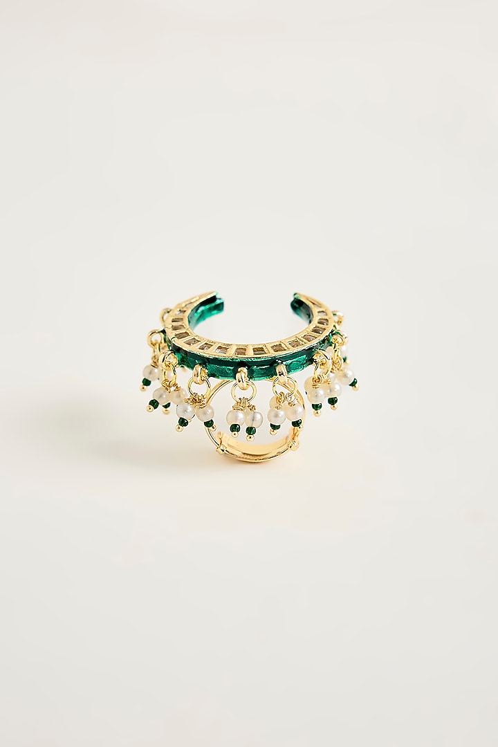 Gold Finish Kundan Polki & Pink Stone Crescent Ring by Vivinia By Vidhi Mehra at Pernia's Pop Up Shop