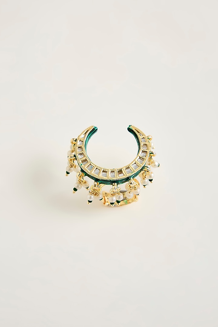 Gold Finish Kundan Polki & Pink Stone Crescent Ring by Vivinia By Vidhi Mehra at Pernia's Pop Up Shop