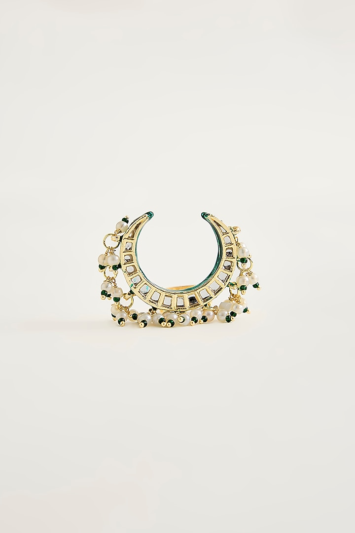 Gold Finish Kundan Polki & Pink Stone Crescent Ring by Vivinia By Vidhi Mehra at Pernia's Pop Up Shop