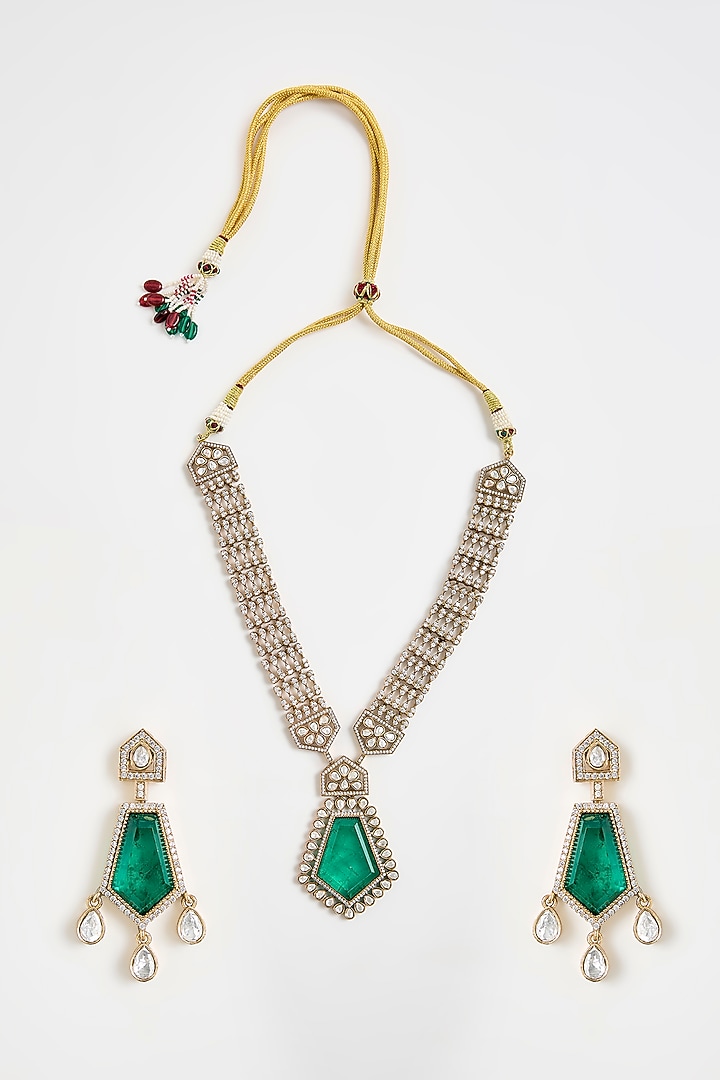 Gold Finish Kundan Polki & Emerald Drop Pendant Necklace Set by Vivinia By Vidhi Mehra at Pernia's Pop Up Shop