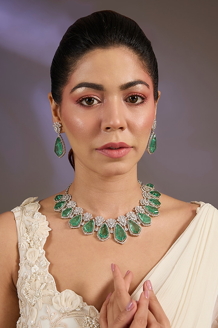White Finish Green Teardrop Stone Necklace Set by Vivinia By Vidhi Mehra at Pernia's Pop Up Shop