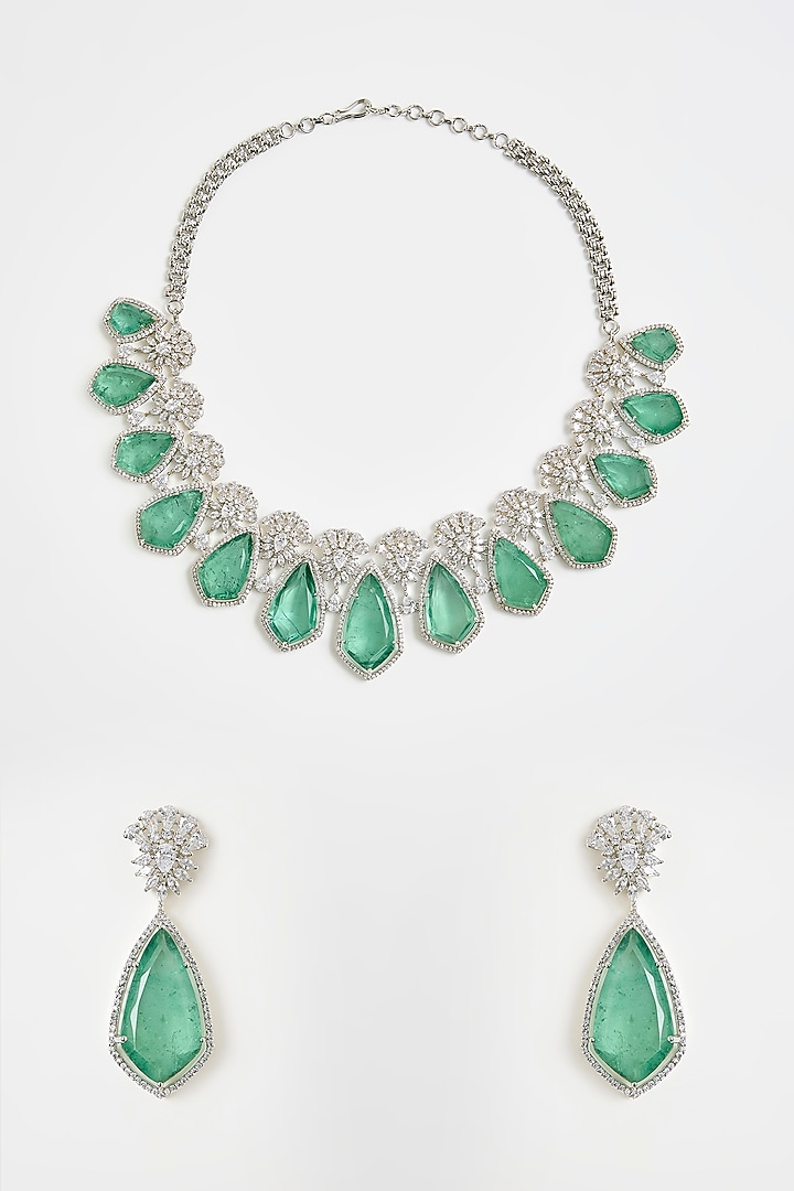 White Finish Green Teardrop Stone Necklace Set by Vivinia By Vidhi Mehra at Pernia's Pop Up Shop