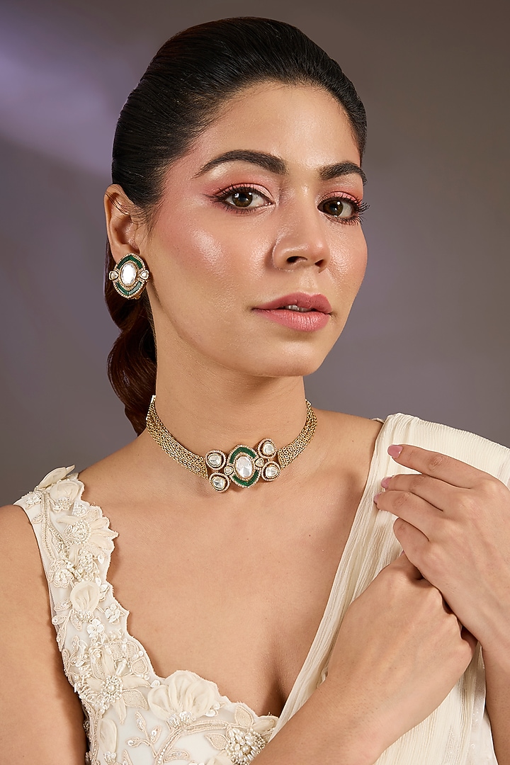 Gold Finish Kundan Polki & Green Stone Choker Necklace Set by Vivinia By Vidhi Mehra at Pernia's Pop Up Shop