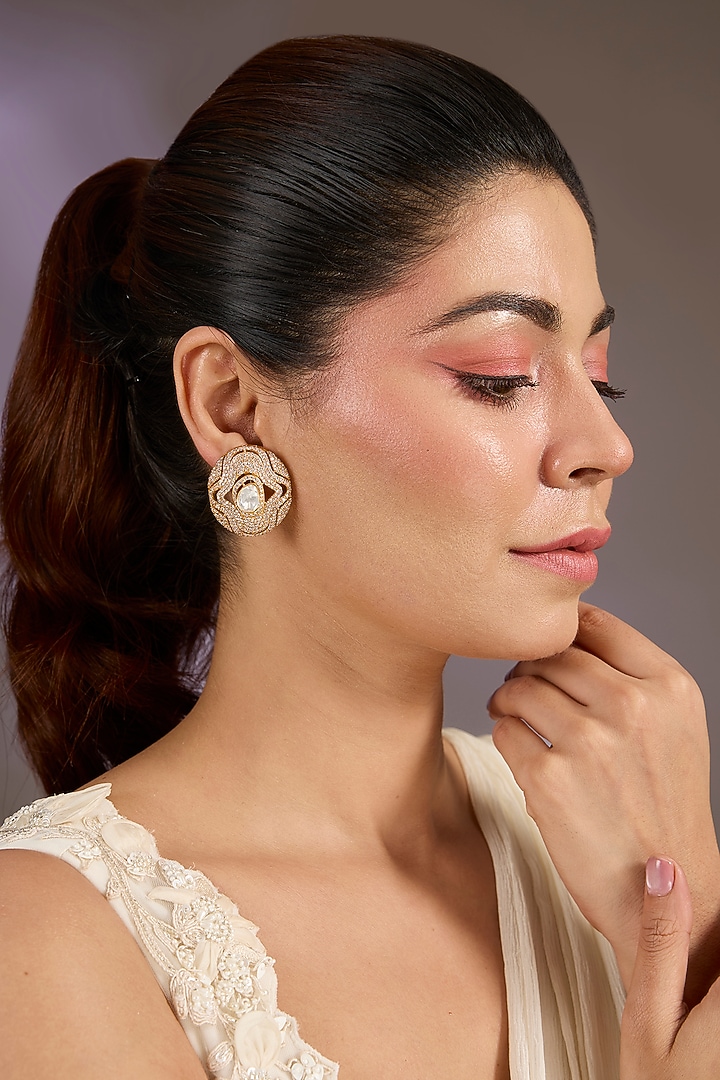 Gold Finish Kundan Polki Floral Stud Earrings by Vivinia By Vidhi Mehra at Pernia's Pop Up Shop