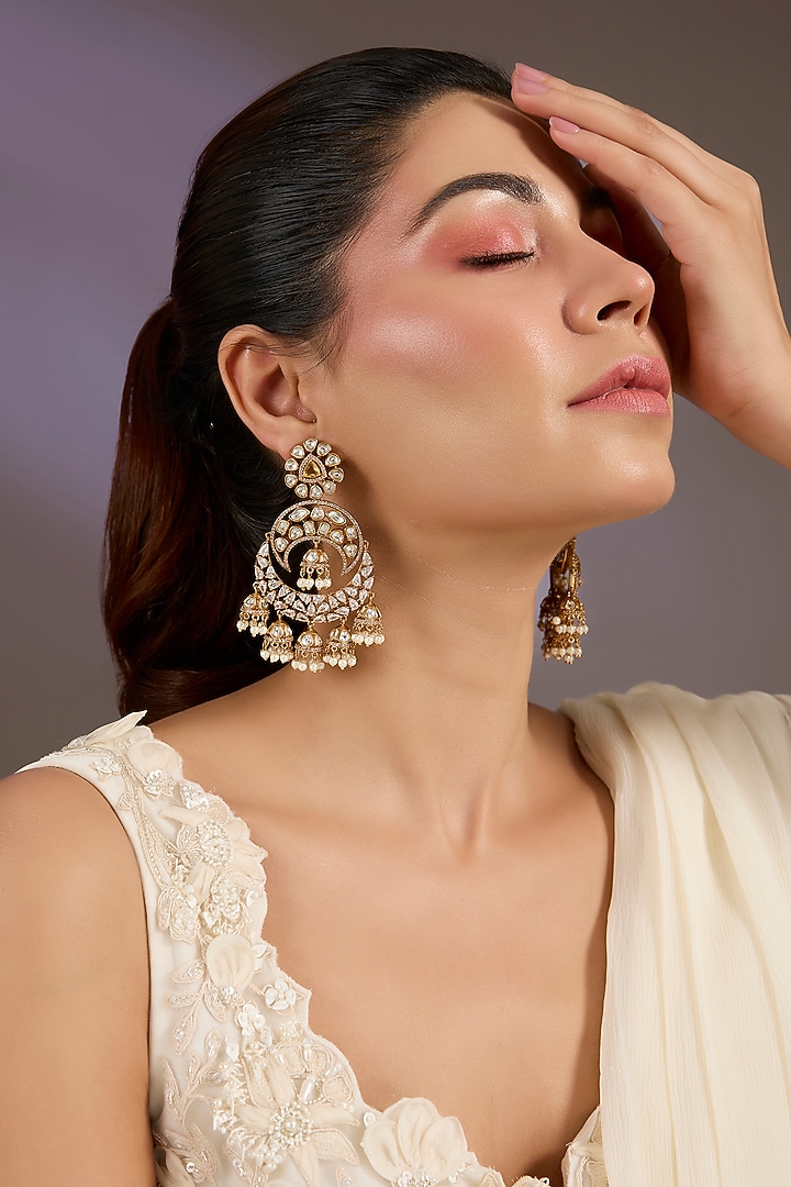 Gold Finish Pearl Drop Jhumka Earrings by Vivinia By Vidhi Mehra at Pernia's Pop Up Shop
