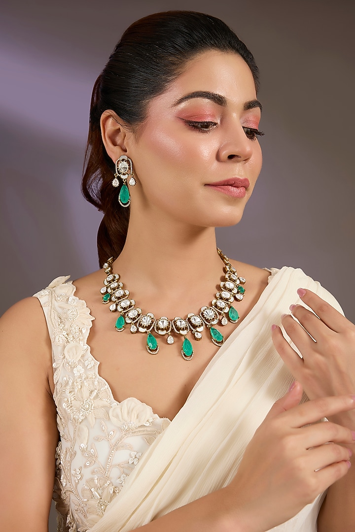 Gold Finish Kundan Polki & Pearl Choker Necklace Set by Vivinia By Vidhi Mehra at Pernia's Pop Up Shop