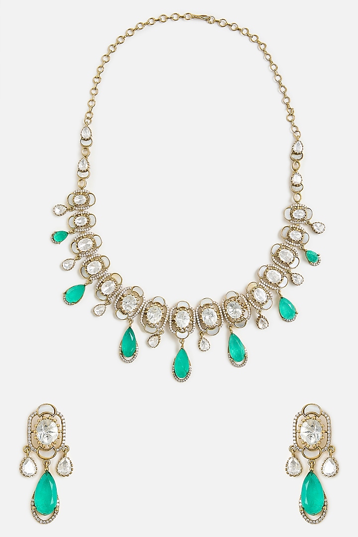 Gold Finish Kundan Polki & Pearl Choker Necklace Set by Vivinia By Vidhi Mehra at Pernia's Pop Up Shop