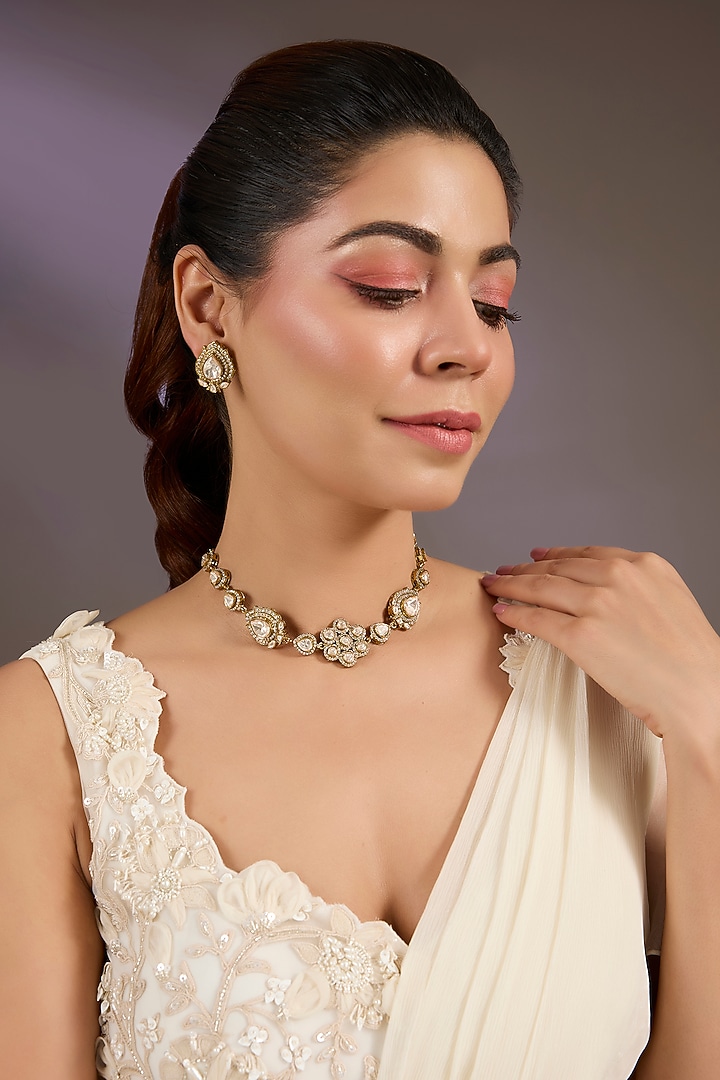 Gold Finish Kundan Polki Choker Necklace Set by Vivinia By Vidhi Mehra at Pernia's Pop Up Shop